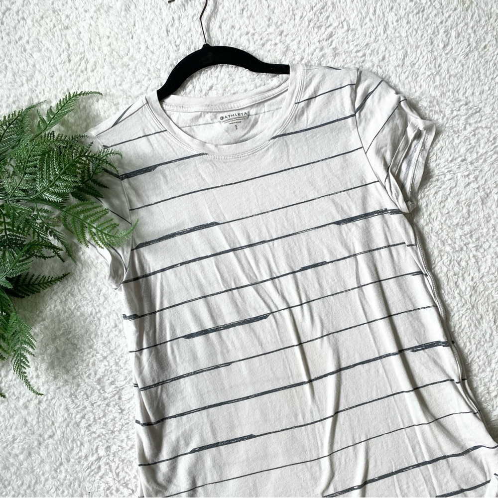 Athleta White Tee with Black Horizontal Stripes